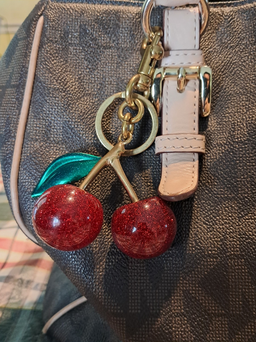 Sparkling Cherry Keychain Bag Charm - Red and Green Large Size